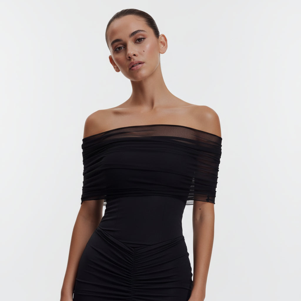 Abito Maxi Luciana Caspian – Off Shoulder in Mesh e Slinky